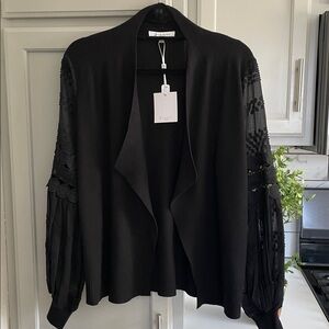 Sioni Women’s Black Open Front Cardigan w Crochet/Sheer Puff Long Sleeves S NWT